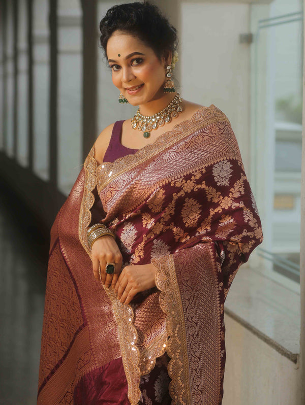 Banarasee Handwoven Georgette Saree Zari Jaal Design With Lace-Violet