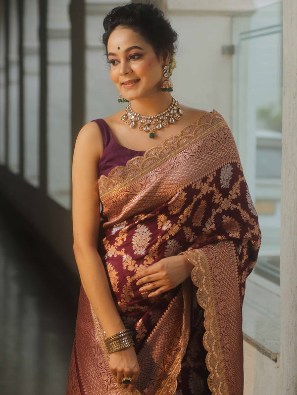 Banarasee Handwoven Georgette Saree Zari Jaal Design With Lace-Violet