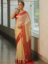 Banarasee Handloom Mirror Work Dupion Saree With Contrast Border-Cream & Red