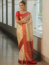 Banarasee Handloom Mirror Work Dupion Saree With Contrast Border-Cream & Red