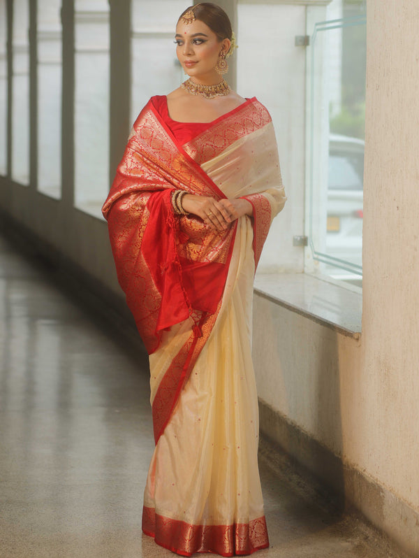 Banarasee Handloom Mirror Work Dupion Saree With Contrast Border-Cream & Red