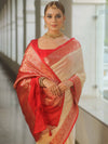 Banarasee Handloom Mirror Work Dupion Saree With Contrast Border-Cream & Red