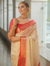 Banarasee Handloom Mirror Work Dupion Saree With Contrast Border-Cream & Red