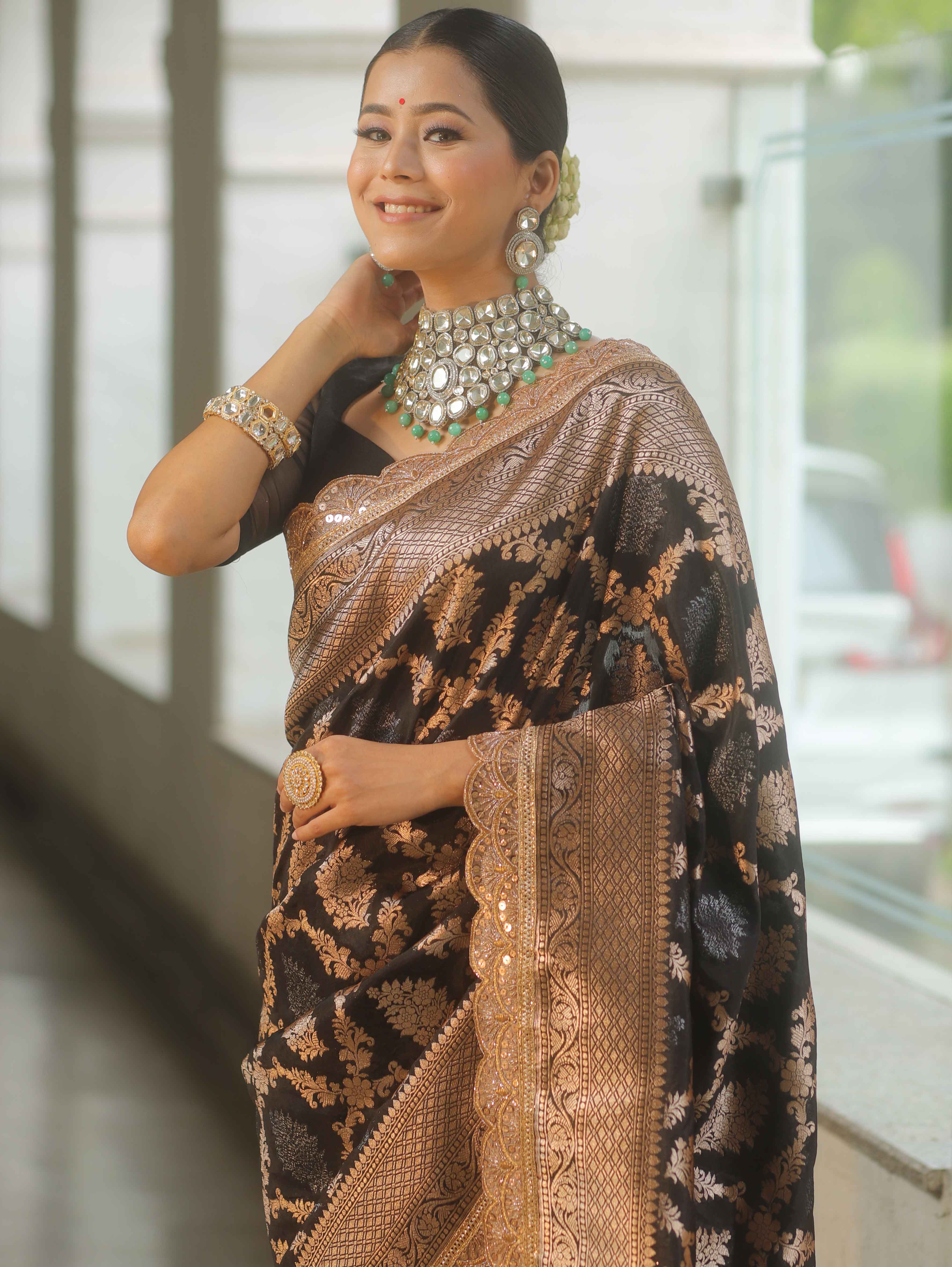 Banarasee Handwoven Georgette Saree Zari Jaal Design With Lace-Black