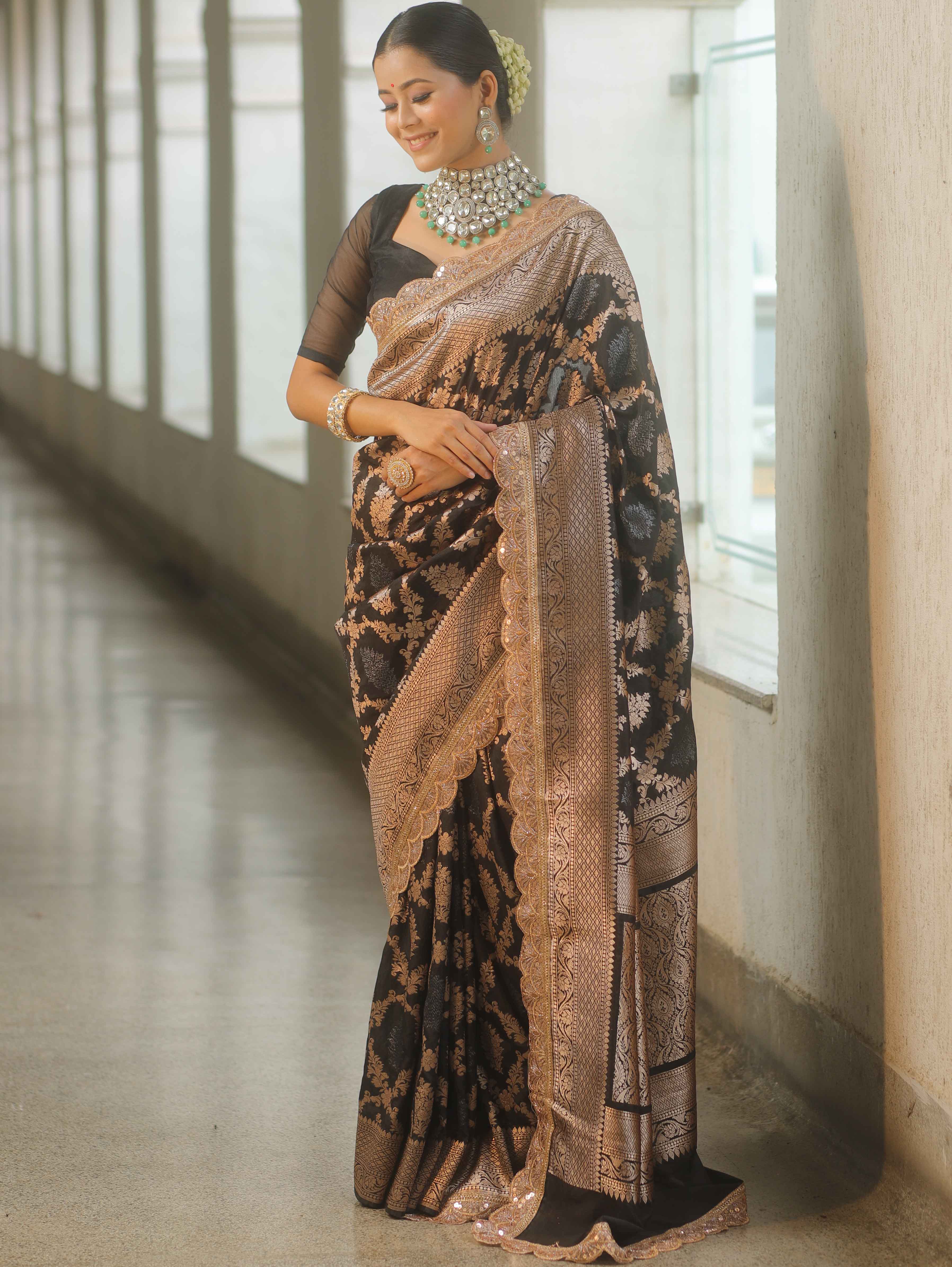 Banarasee Handwoven Georgette Saree Zari Jaal Design With Lace-Black