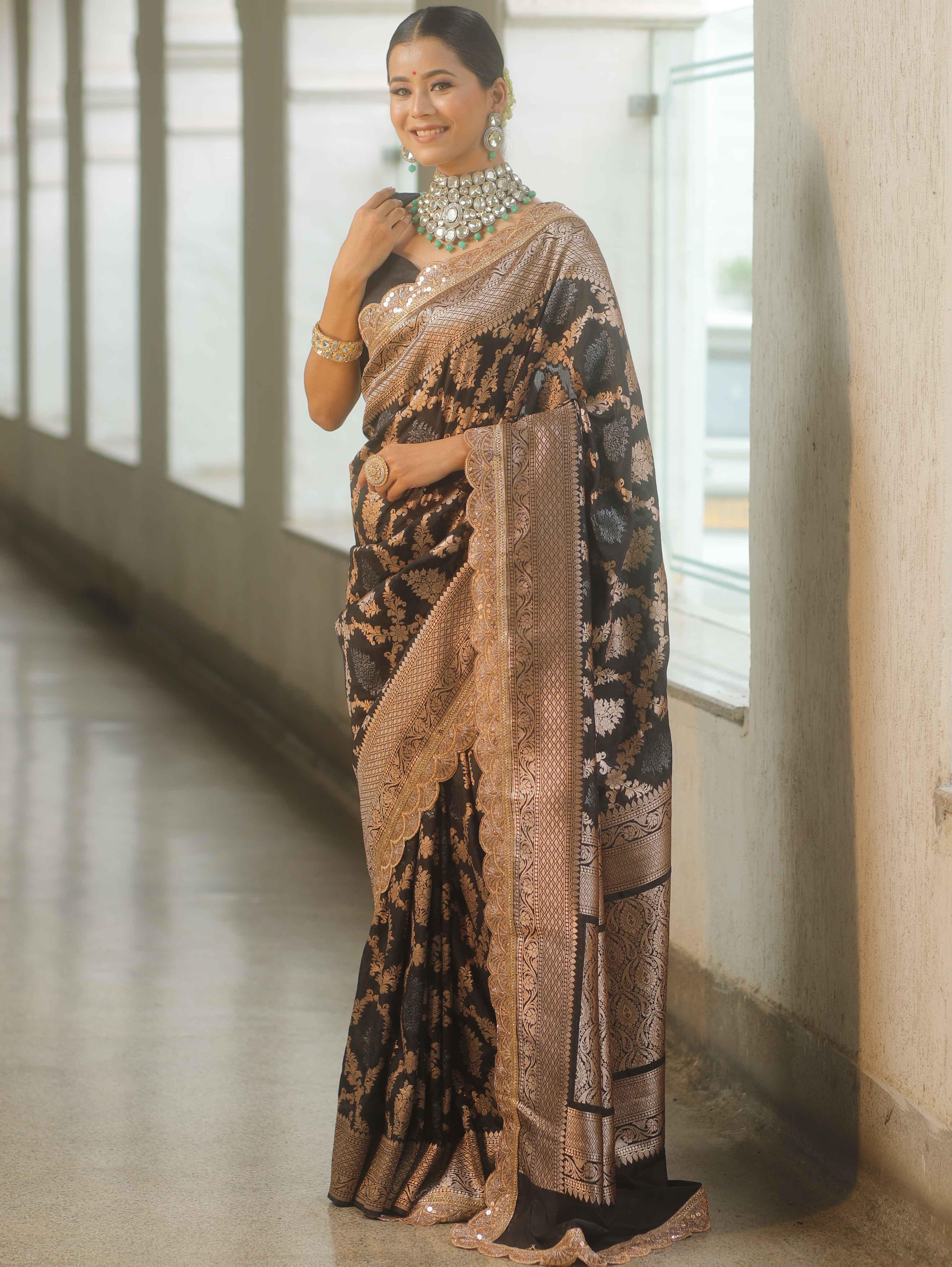 Banarasee Handwoven Georgette Saree Zari Jaal Design With Lace-Black