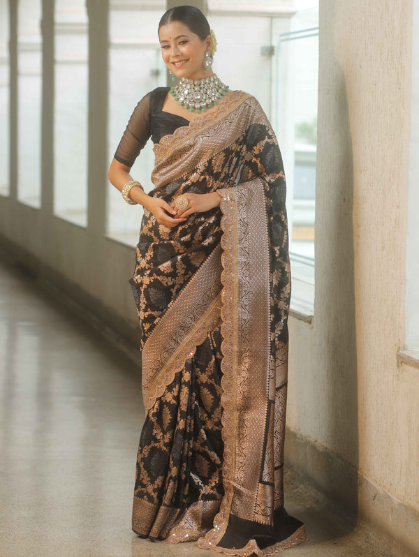 Banarasee Handwoven Georgette Saree Zari Jaal Design With Lace-Black