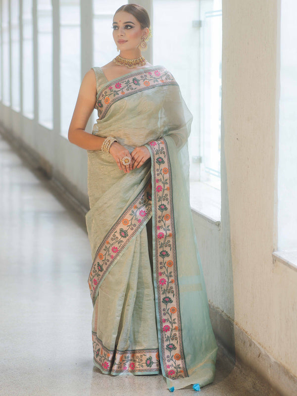 Banarasee Handwoven Crushed Tissue Saree With Meena Border-Light Blue