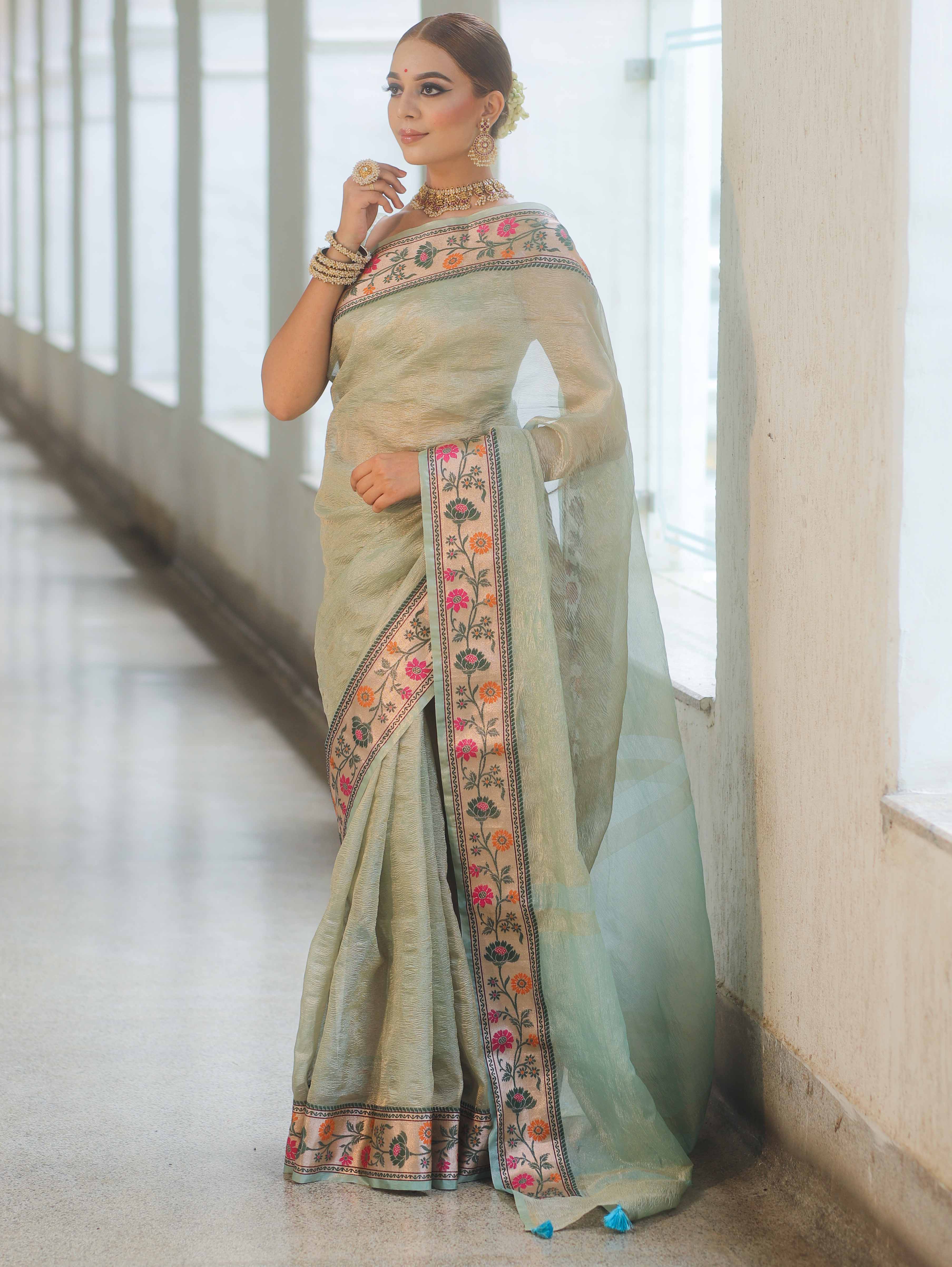 Banarasee Handwoven Crushed Tissue Saree With Meena Border-Light Blue