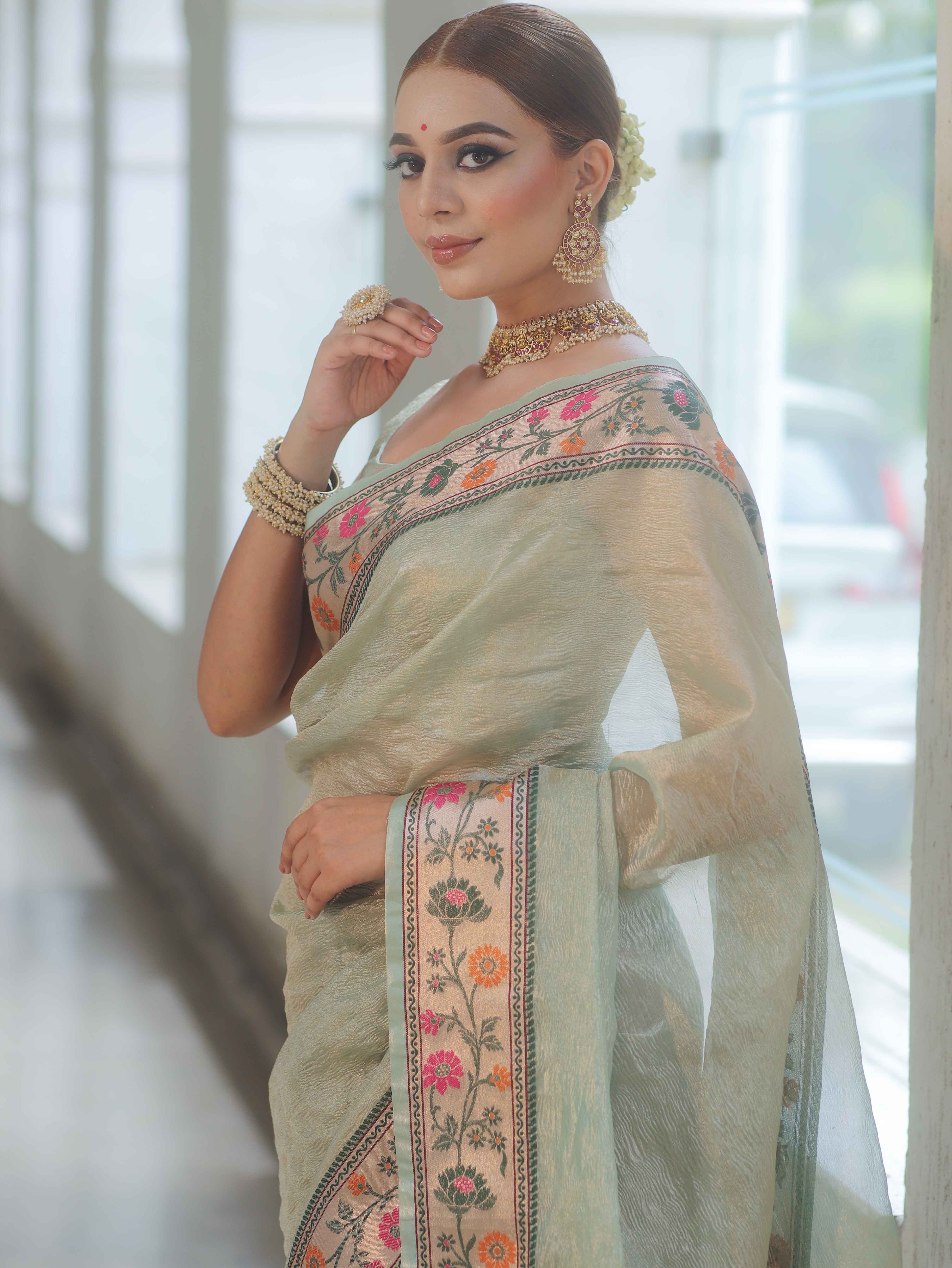 Banarasee Handwoven Crushed Tissue Saree With Meena Border-Light Blue