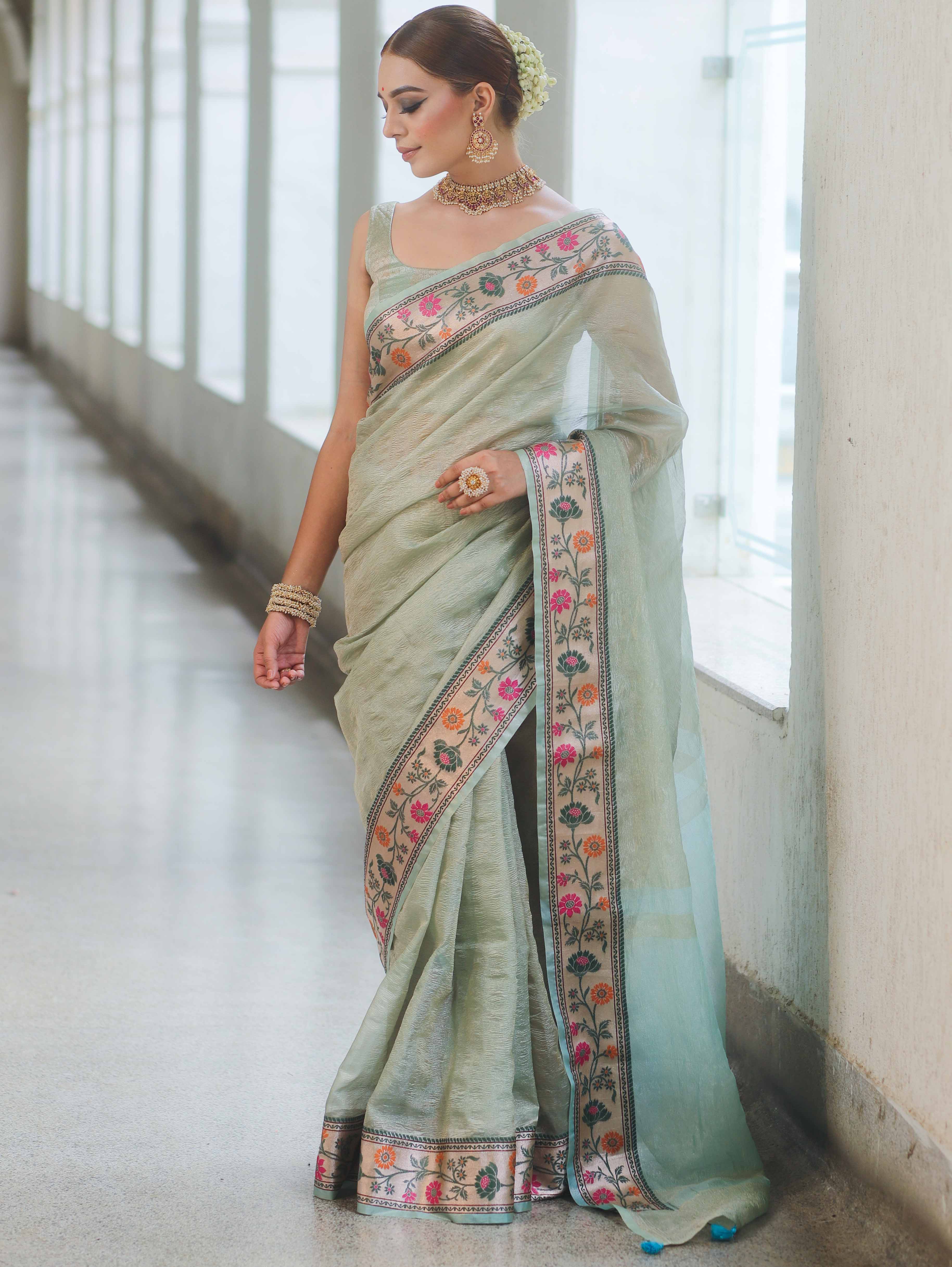 Banarasee Handwoven Crushed Tissue Saree With Meena Border-Light Blue