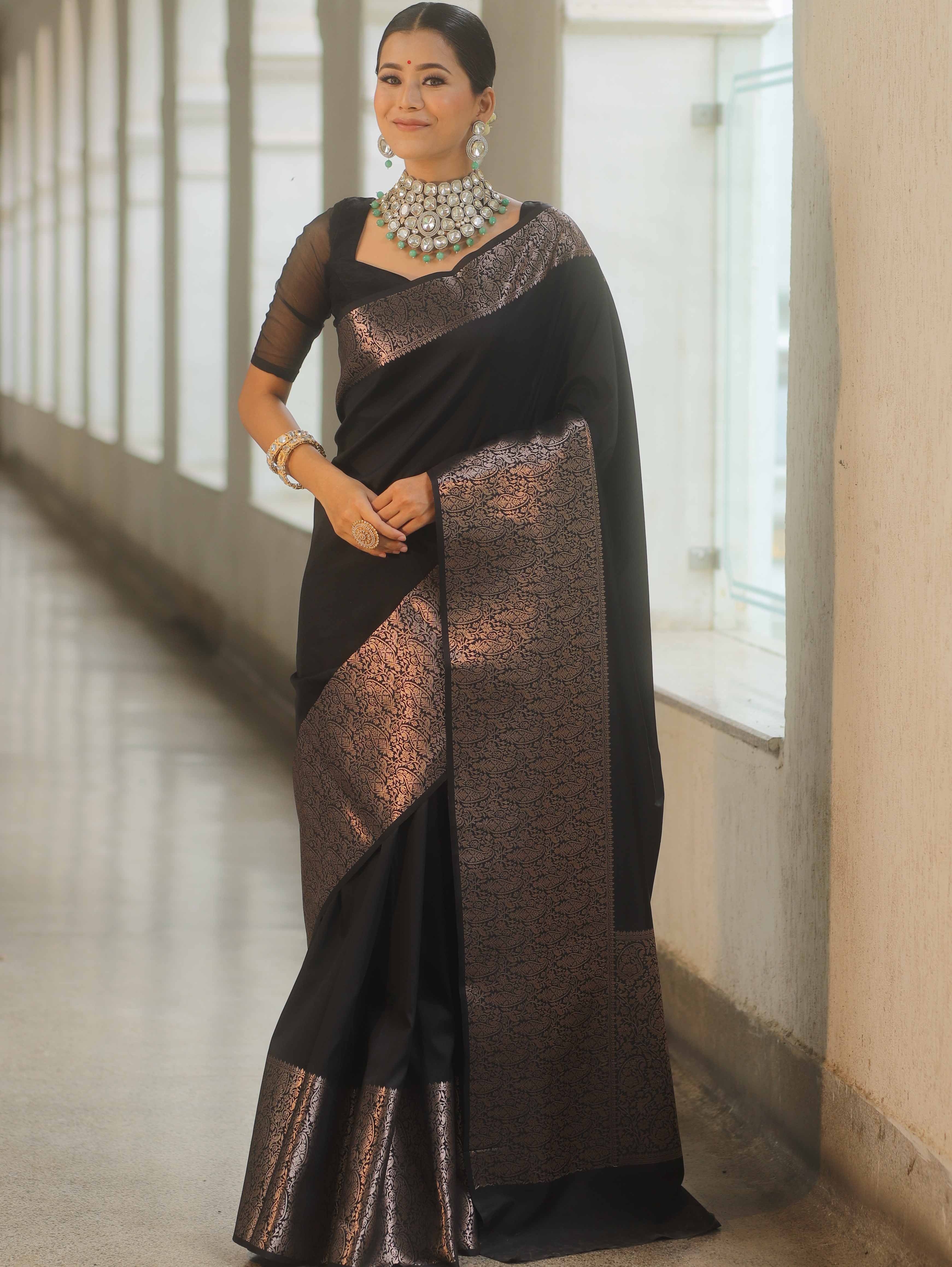 Banarasee Handwoven Semi Silk Saree With Zari Border Design-Black