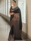 Banarasee Handwoven Semi Silk Saree With Zari Border Design-Black