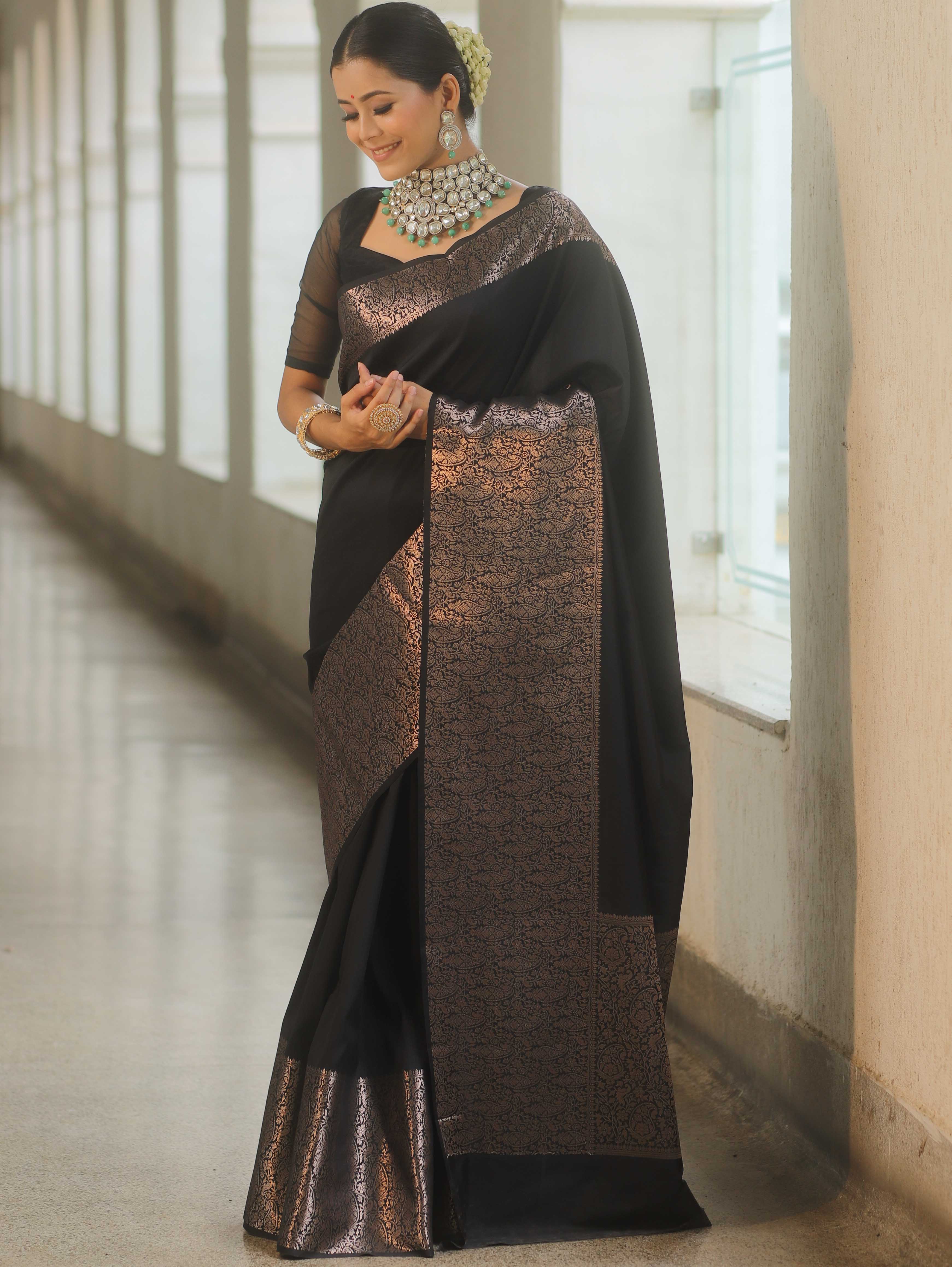 Banarasee Handwoven Semi Silk Saree With Zari Border Design-Black