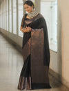 Banarasee Handwoven Semi Silk Saree With Zari Border Design-Black