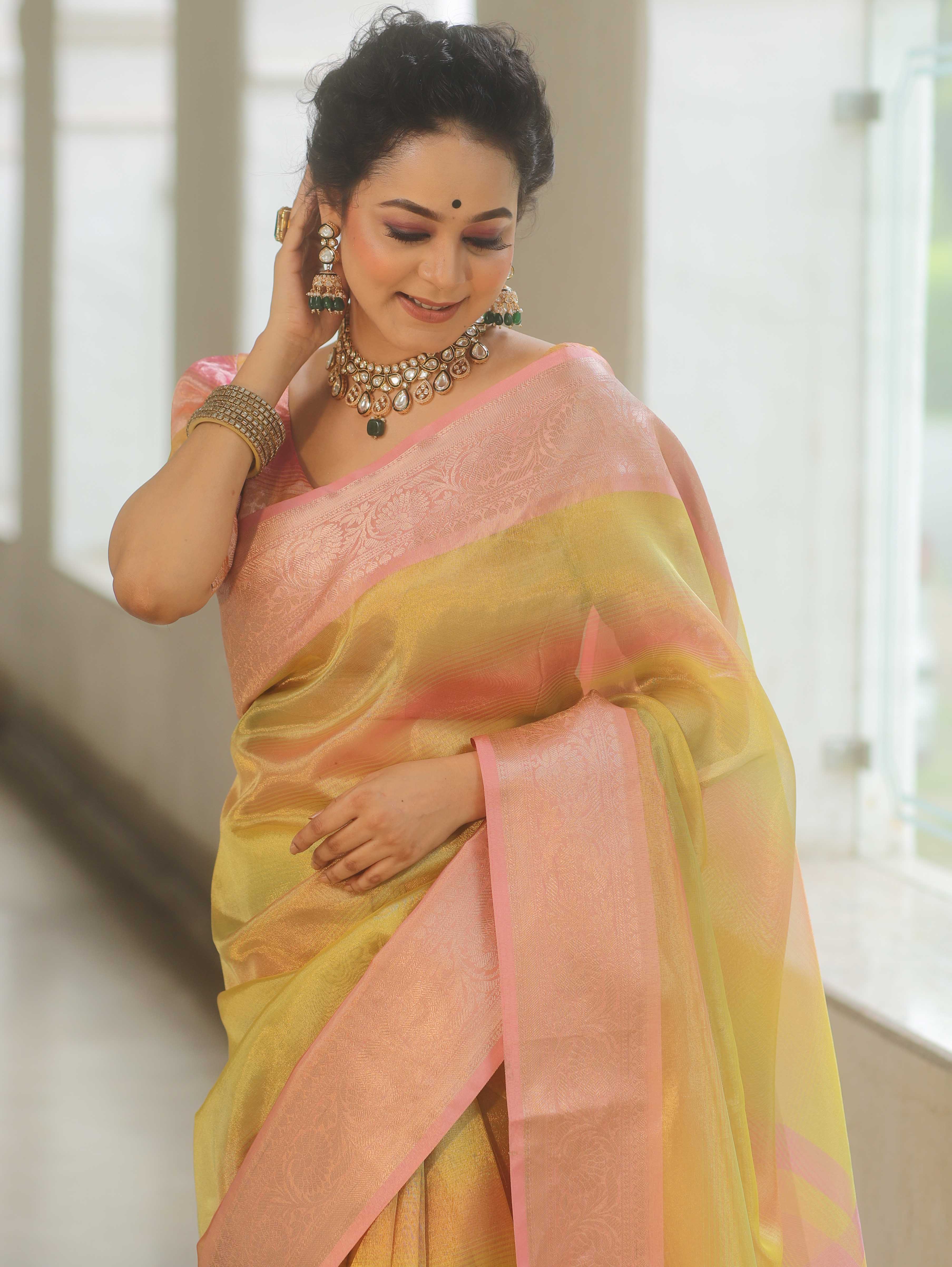 Banarasee Handwoven Shaded Tissue Saree-Yellow & Pink