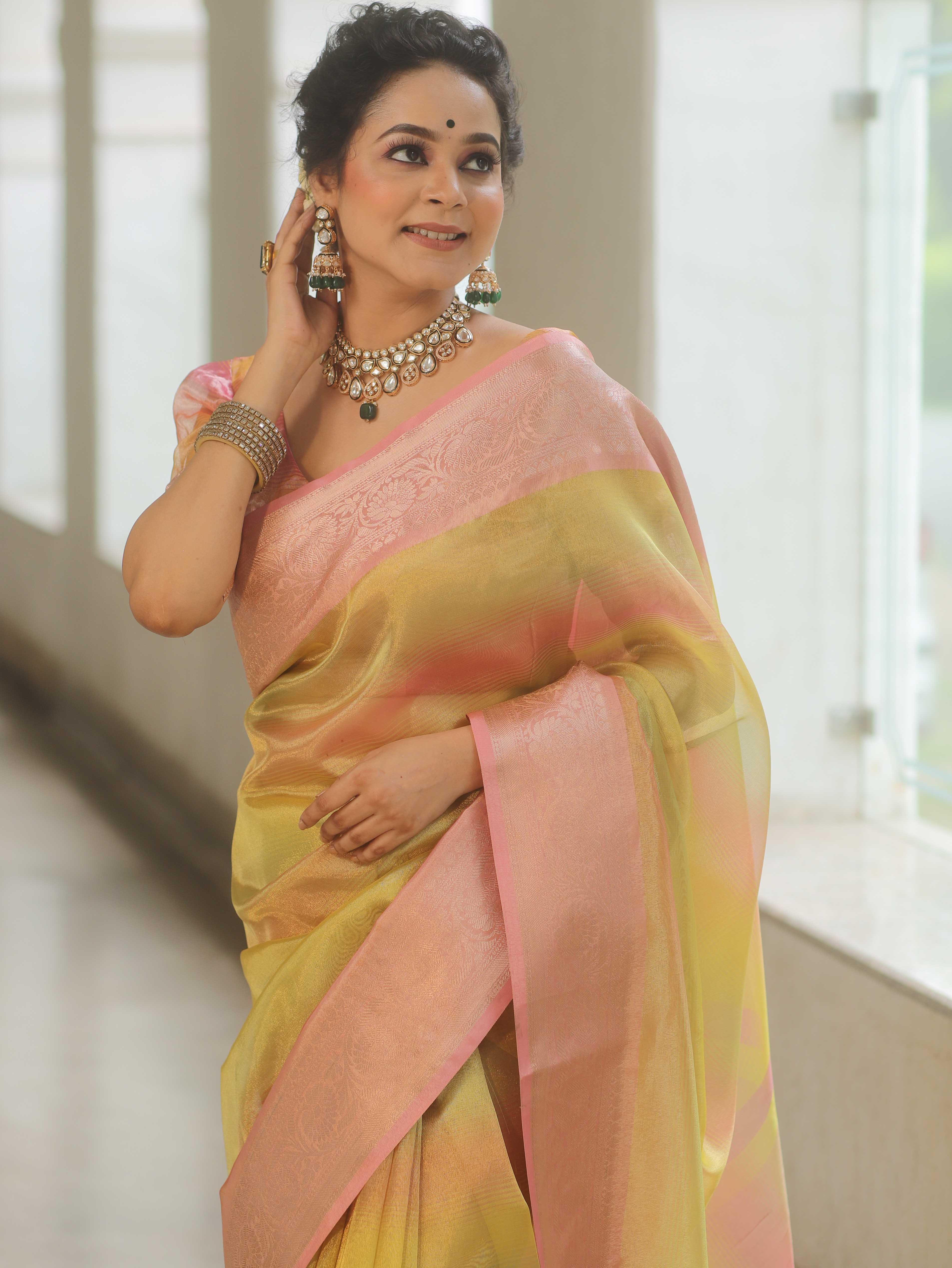 Banarasee Handwoven Shaded Tissue Saree-Yellow & Pink