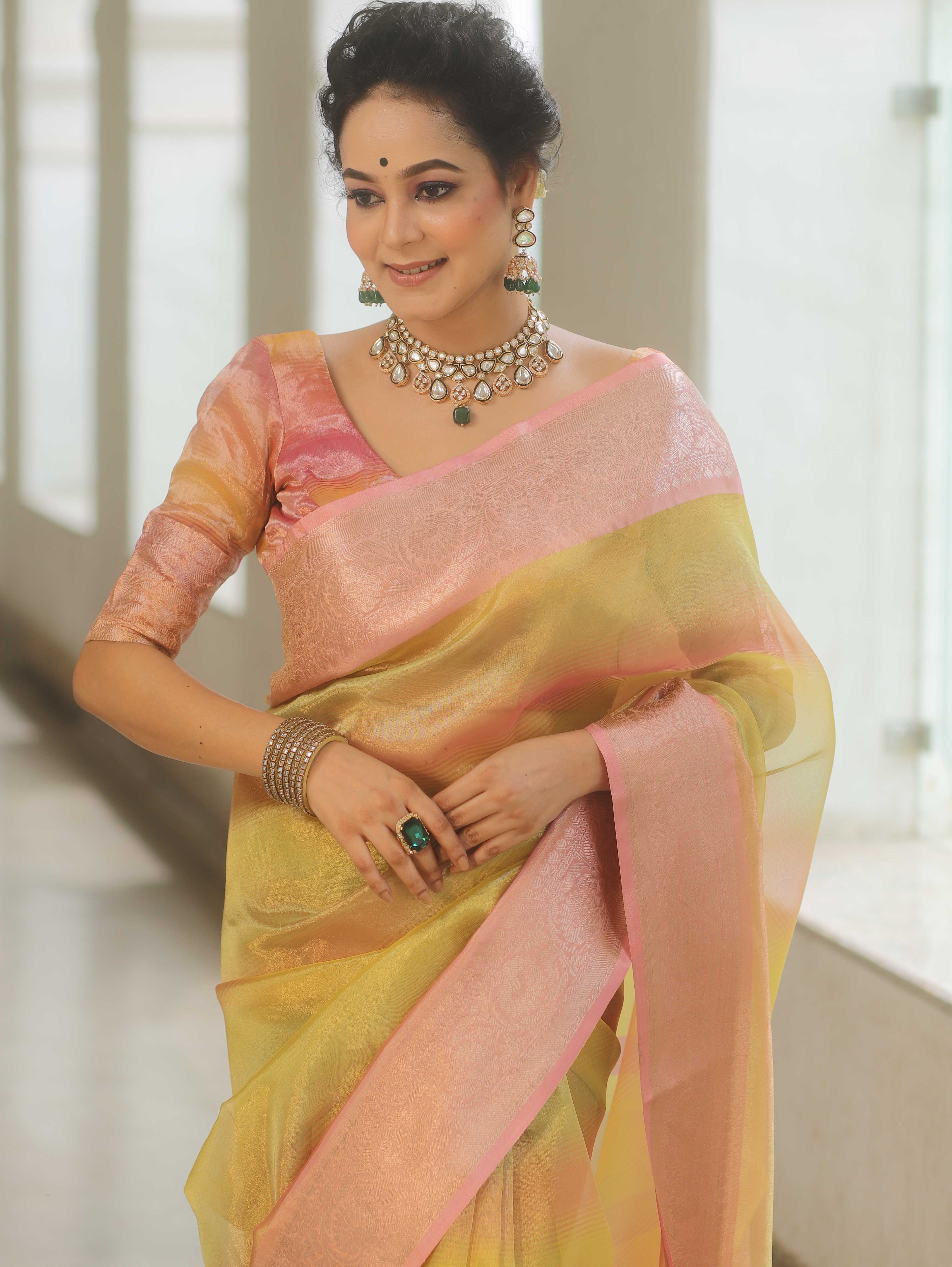 Banarasee Handwoven Shaded Tissue Saree-Yellow & Pink