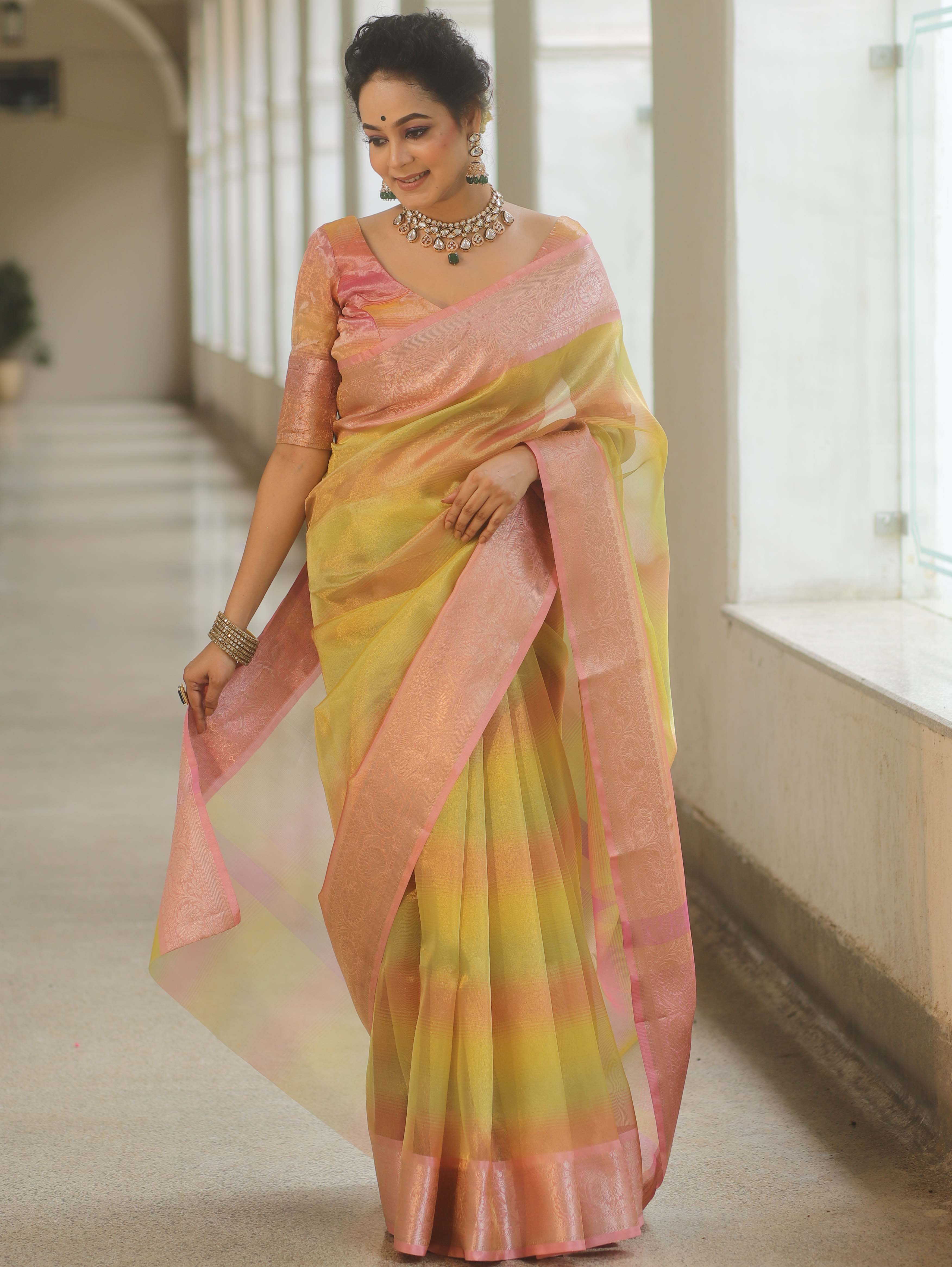 Banarasee Handwoven Shaded Tissue Saree-Yellow & Pink