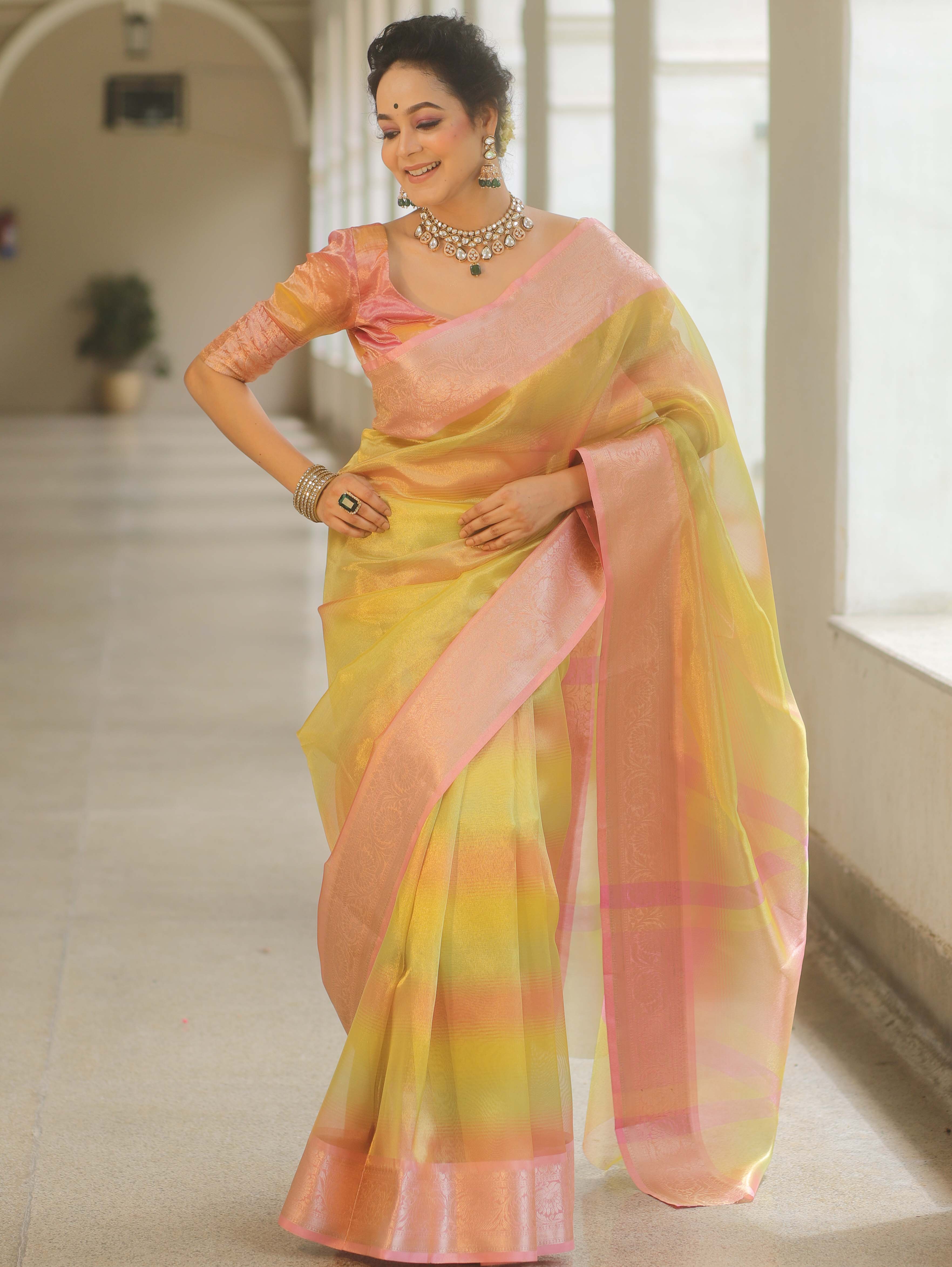 Banarasee Handwoven Shaded Tissue Saree-Yellow & Pink