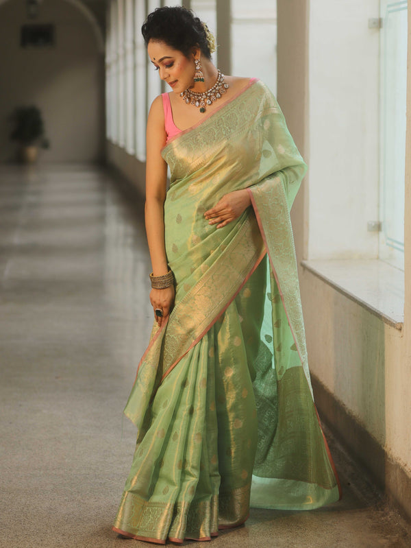 Banarasee Tissue Saree Buta Design With Zari Border-Light Green