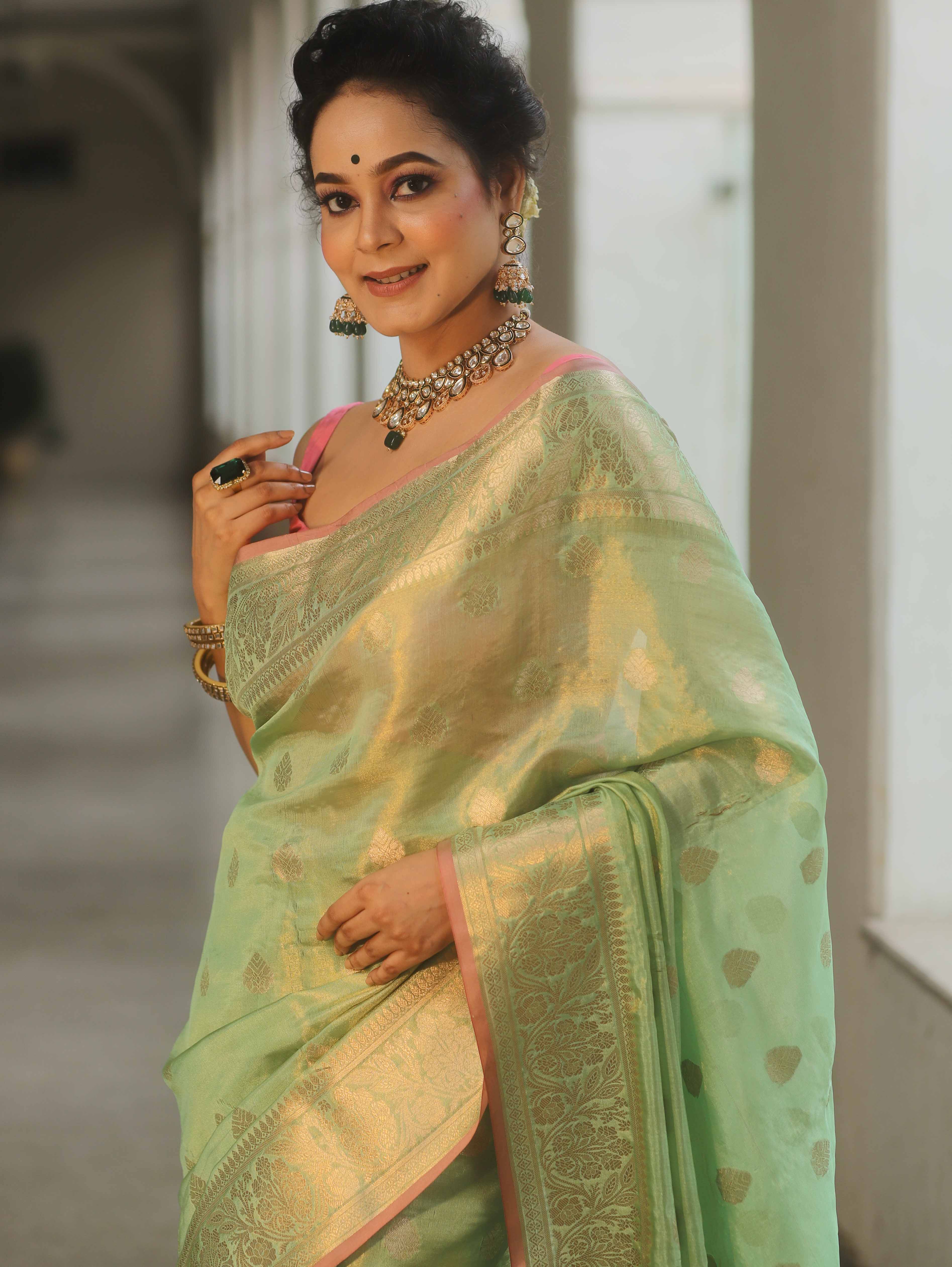 Banarasee Tissue Saree Buta Design With Zari Border-Light Green