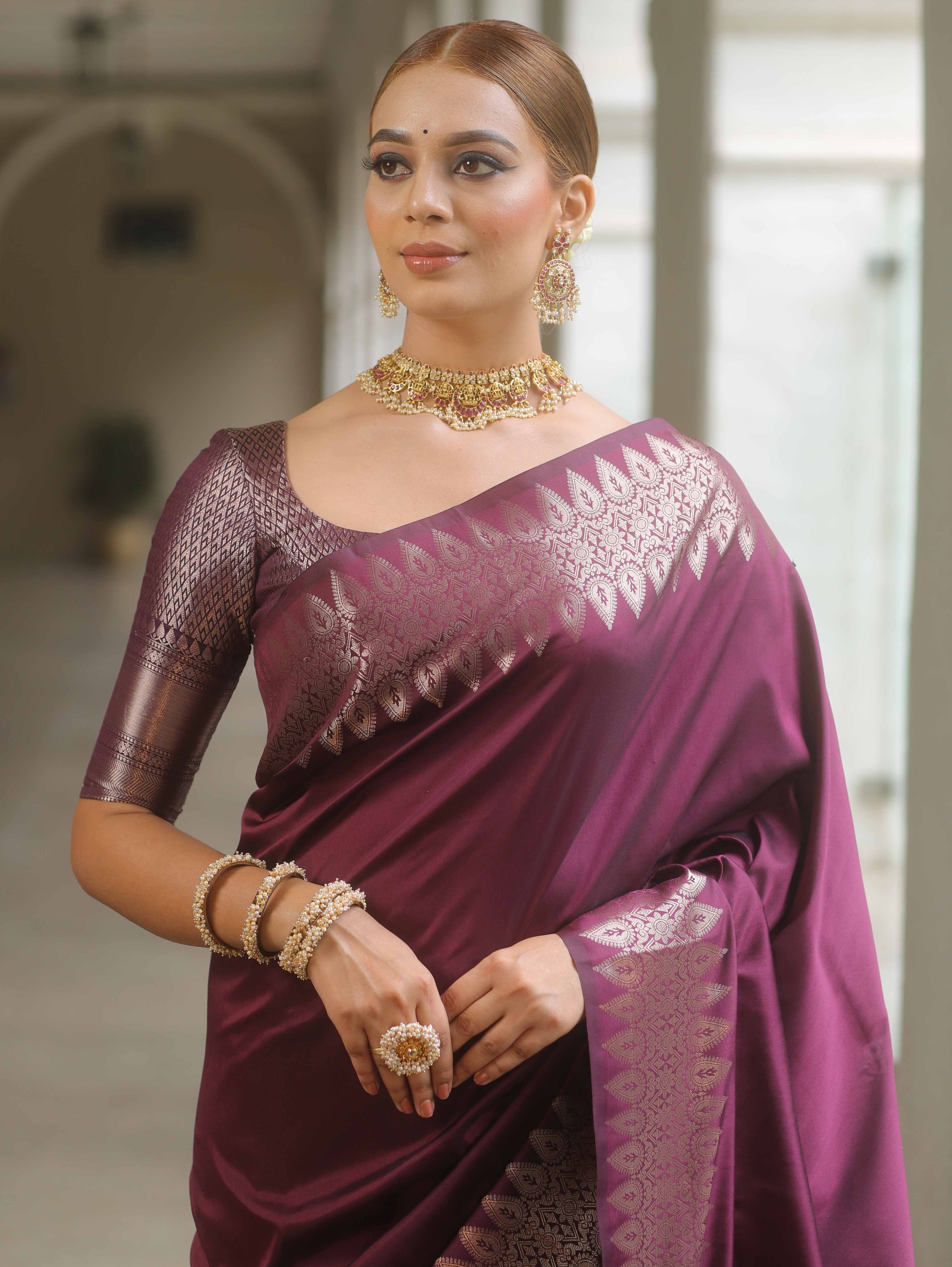 Banarasee Handwoven Semi Silk Saree With Zari Border-Magenta Purple