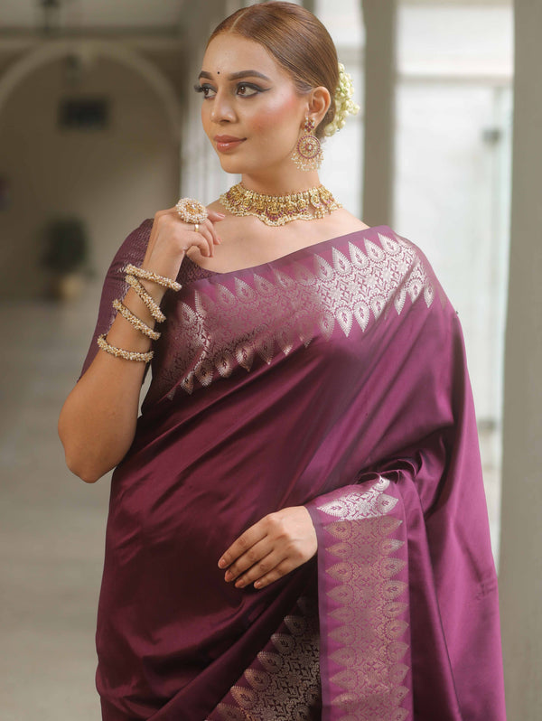 Banarasee Handwoven Semi Silk Saree With Zari Border-Magenta Purple