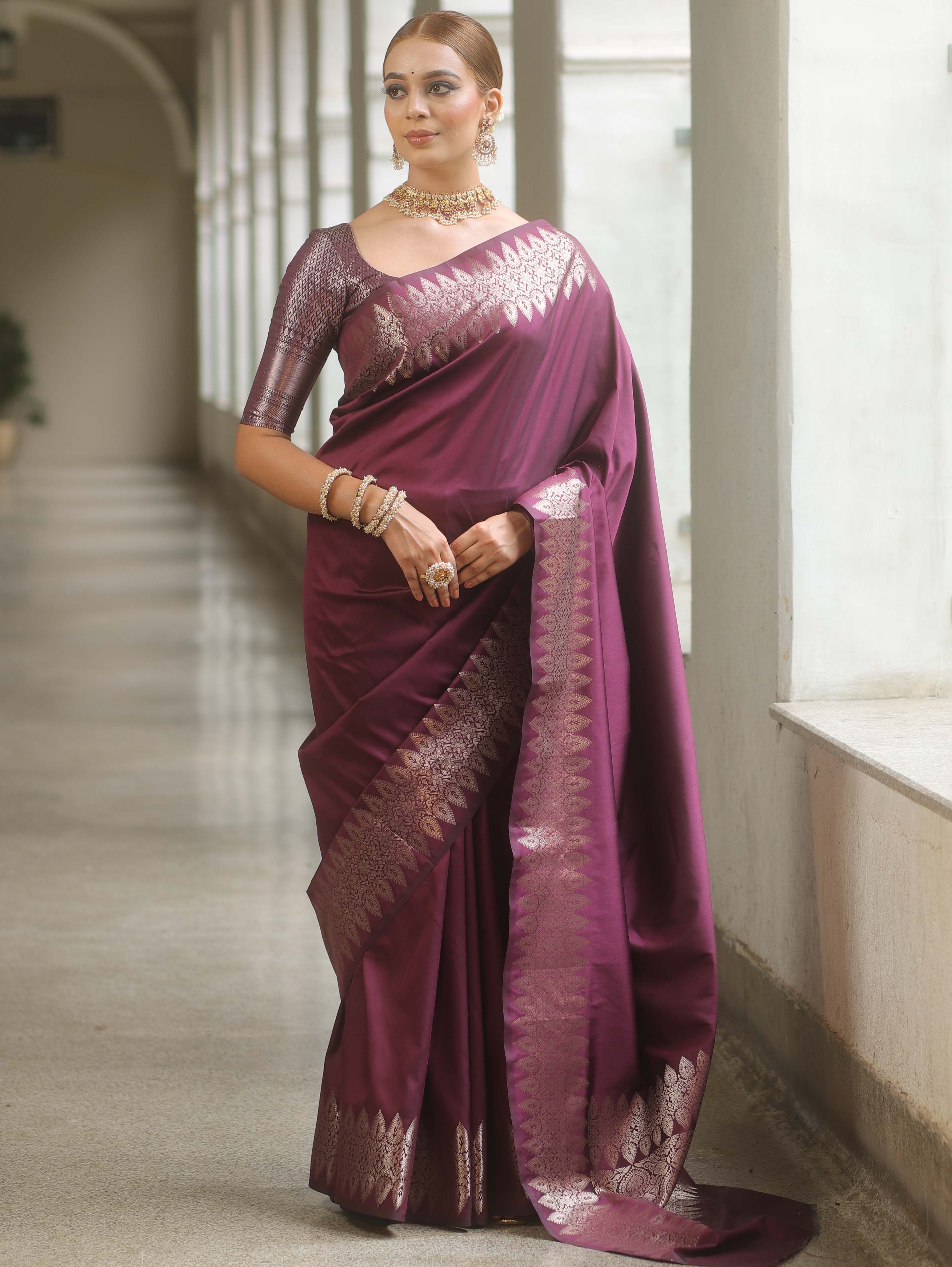 Banarasee Handwoven Semi Silk Saree With Zari Border-Magenta Purple