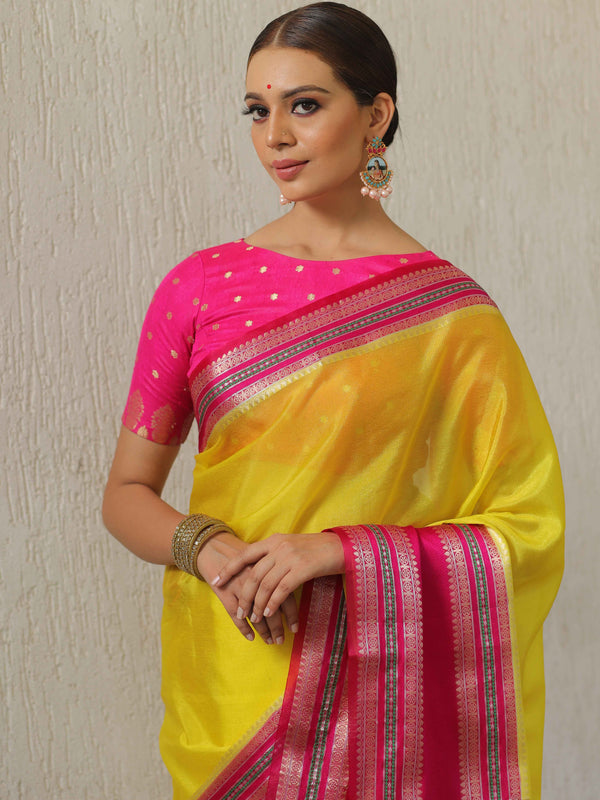 Banarasee Handwoven Semi Silk Plain Saree With Broad Zari & Contrast Border-Yellow & Pink