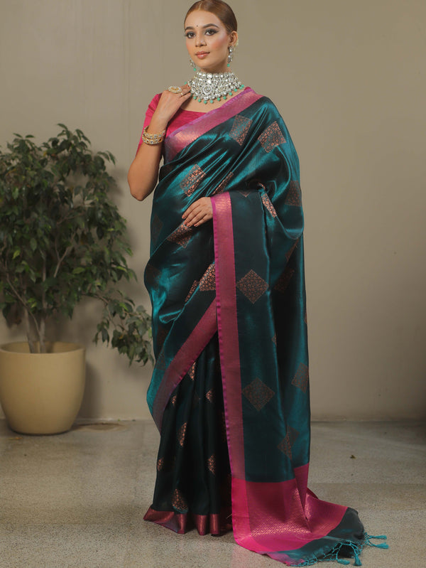 Banarasee Handwoven Contrast Border Tissue Saree-Dark Teal Green