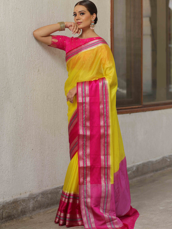 Banarasee Handwoven Semi Silk Plain Saree With Broad Zari & Contrast Border-Yellow & Pink