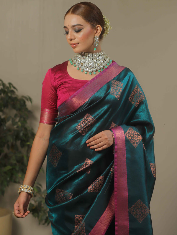 Banarasee Handwoven Contrast Border Tissue Saree-Dark Teal Green