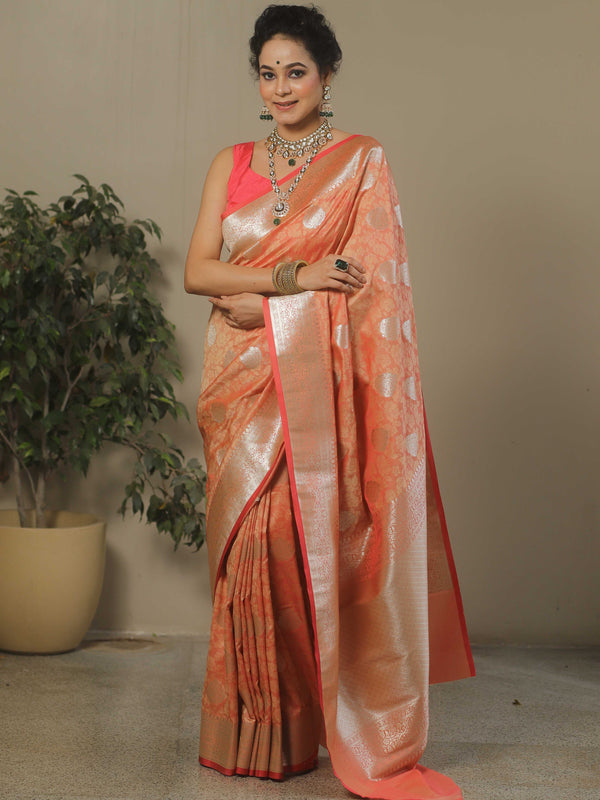 Banarasee Handwoven Semi-Katan Tanchoi Weaving Floral Border Saree-Peach