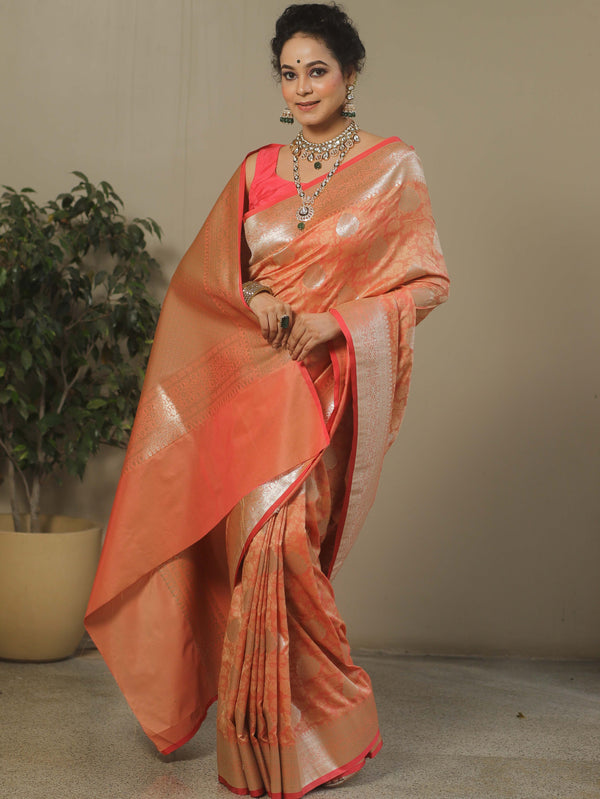 Banarasee Handwoven Semi-Katan Tanchoi Weaving Floral Border Saree-Peach