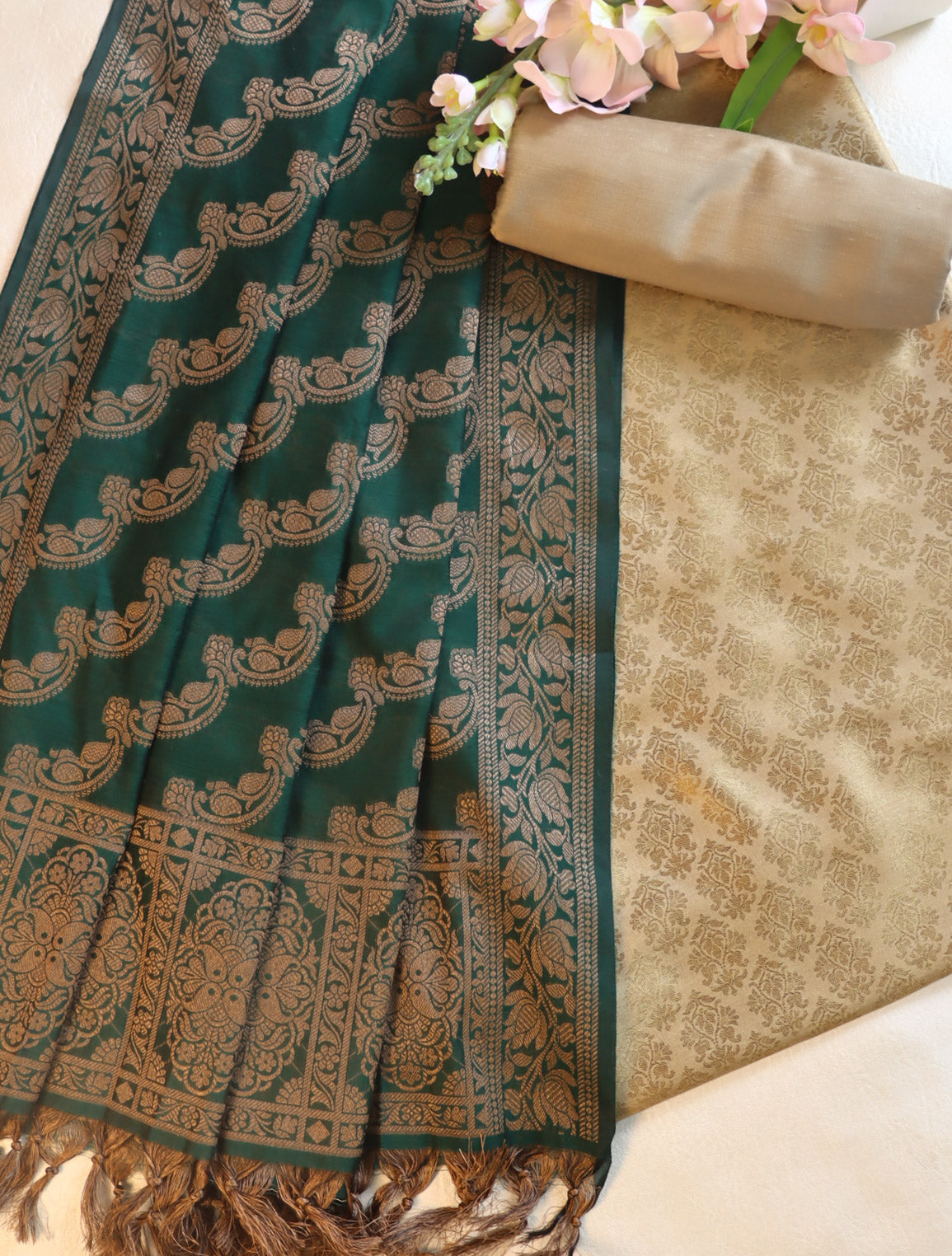 Banarasee Resham Cotton Salwar Kameez Fabric With Dupatta Set-Brown & Green