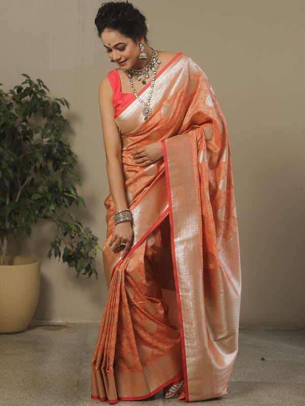 Banarasee Handwoven Semi-Katan Tanchoi Weaving Floral Border Saree-Peach