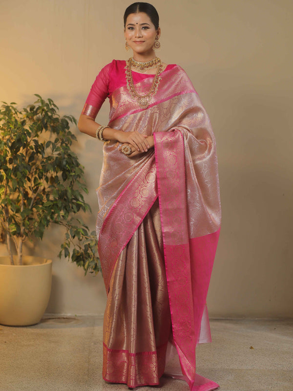 Banarasee Handwoven Contrast Border With Gold Zari Tissue Saree-Pink