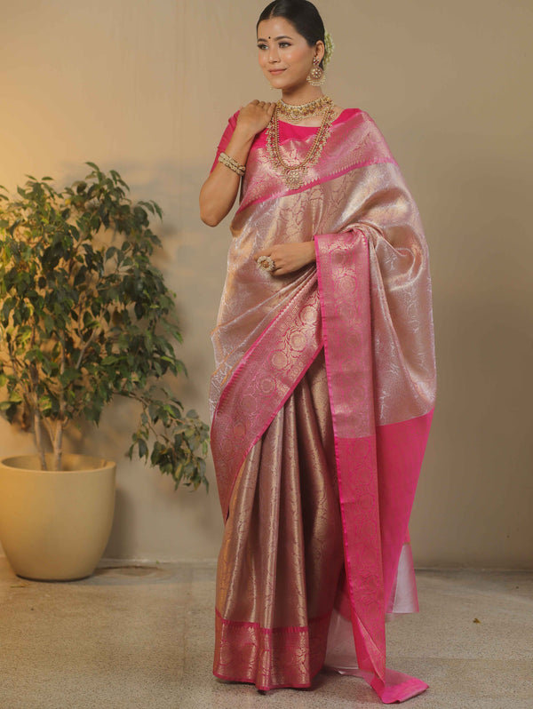 Banarasee Handwoven Contrast Border With Gold Zari Tissue Saree-Pink