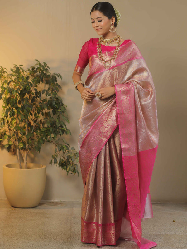 Banarasee Handwoven Contrast Border With Gold Zari Tissue Saree-Pink