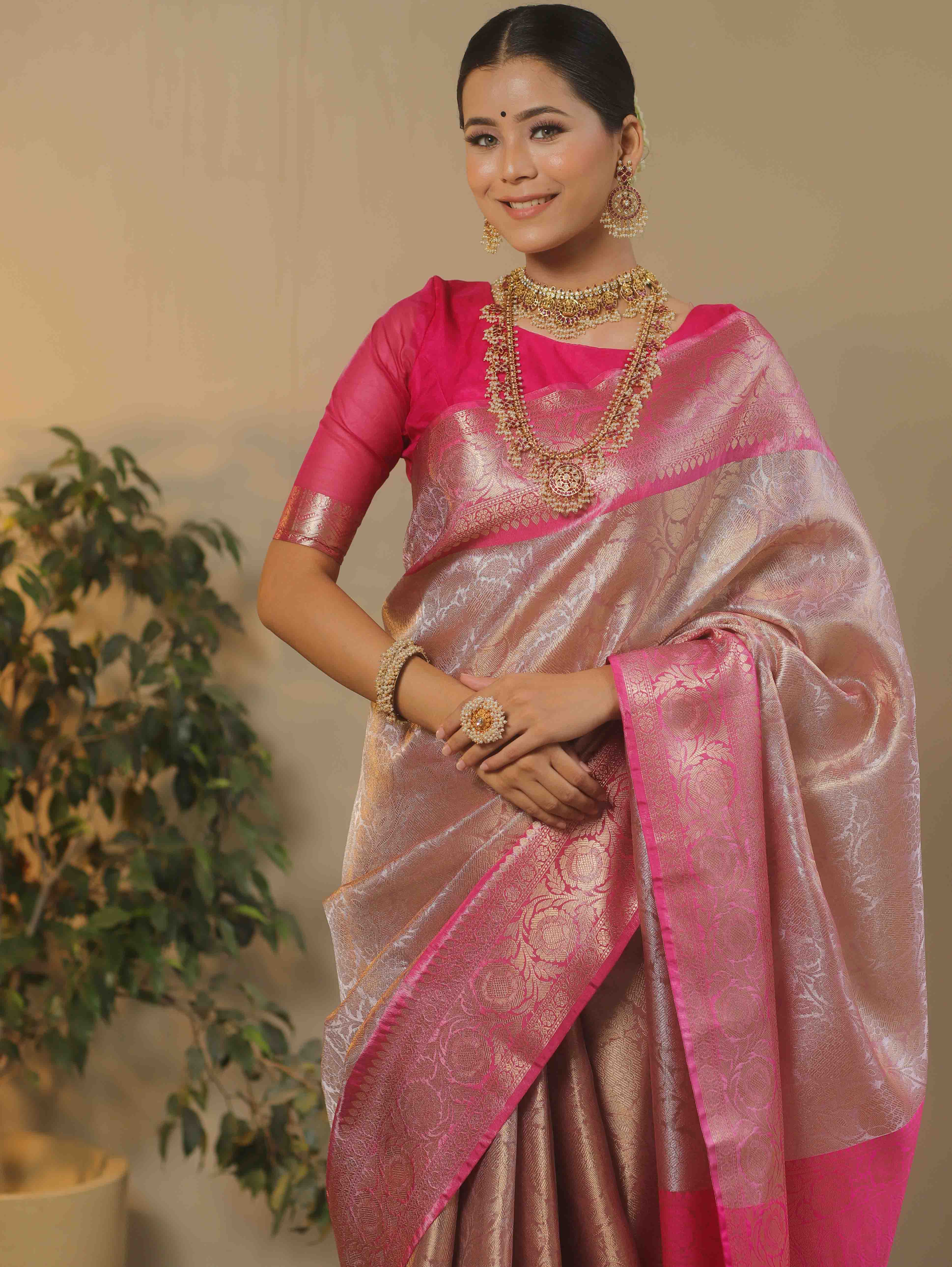 Banarasee Handwoven Contrast Border With Gold Zari Tissue Saree-Pink