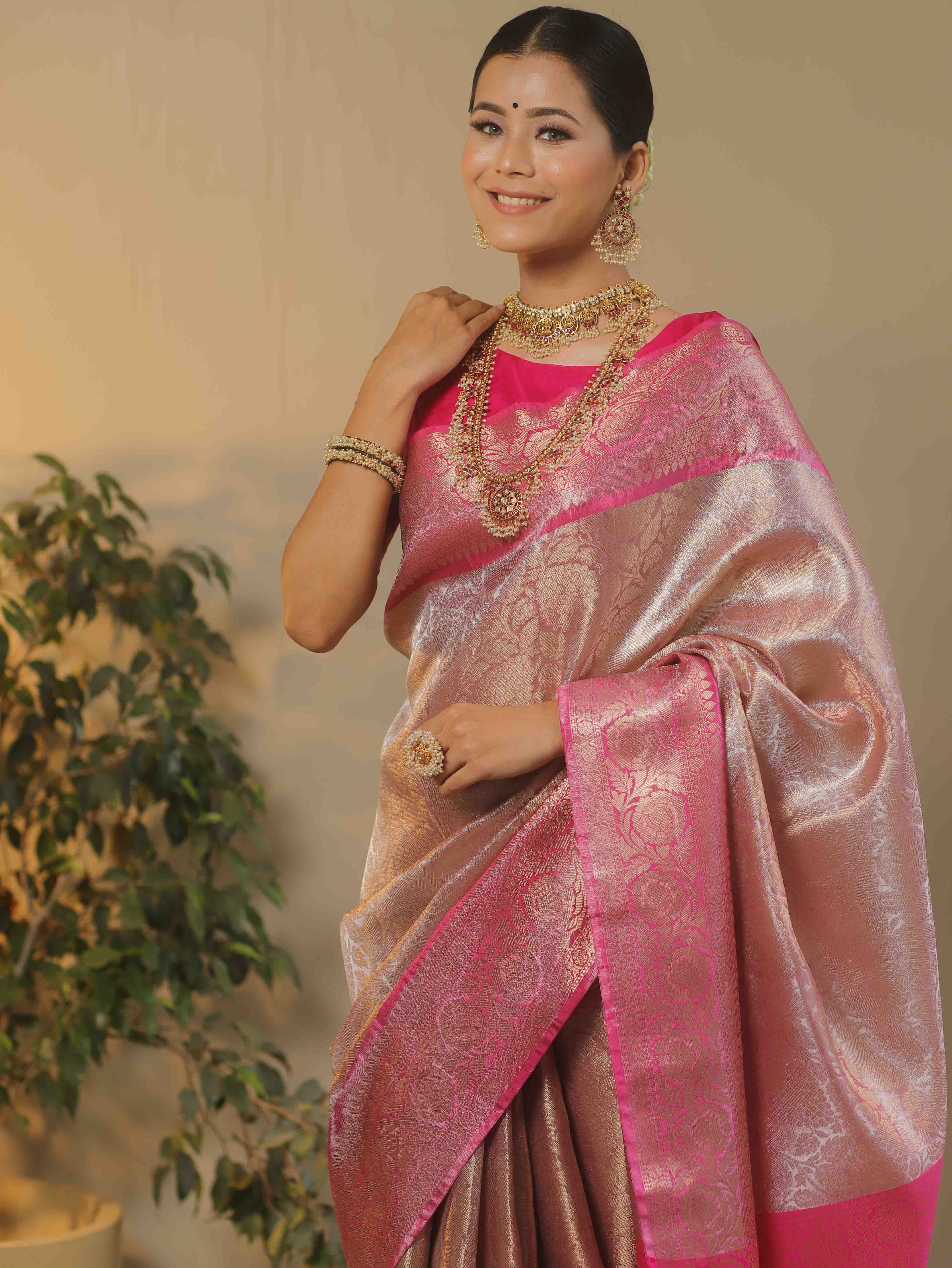 Banarasee Handwoven Contrast Border With Gold Zari Tissue Saree-Pink