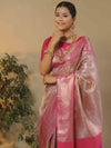 Banarasee Handwoven Contrast Border With Gold Zari Tissue Saree-Pink