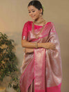 Banarasee Handwoven Contrast Border With Gold Zari Tissue Saree-Pink