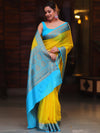 Banarasee Handwoven Semi Silk Plain Saree With Zari Contrast Border-Yellow & Blue