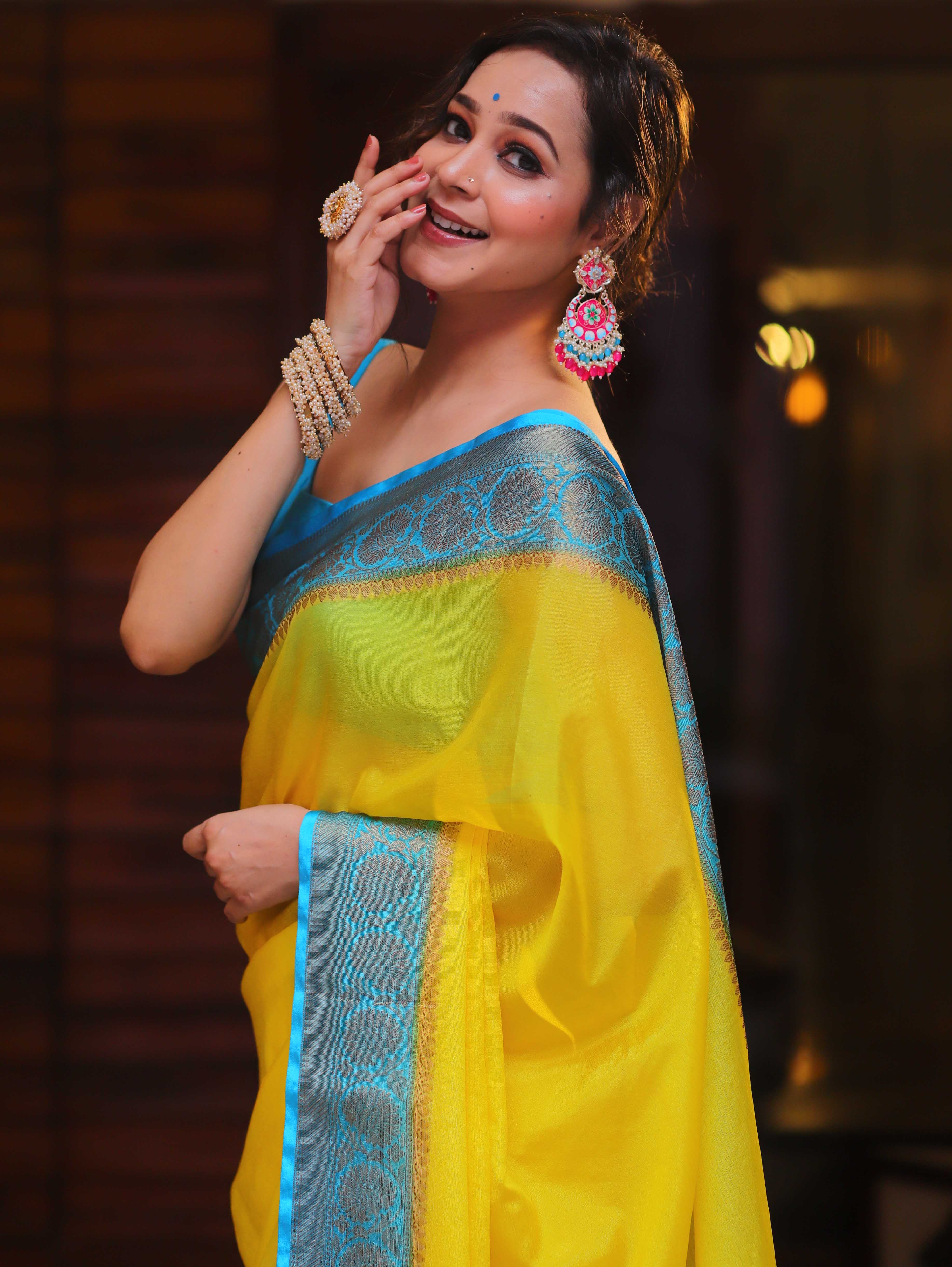 Banarasee Handwoven Semi Silk Plain Saree With Zari Contrast Border-Yellow & Blue