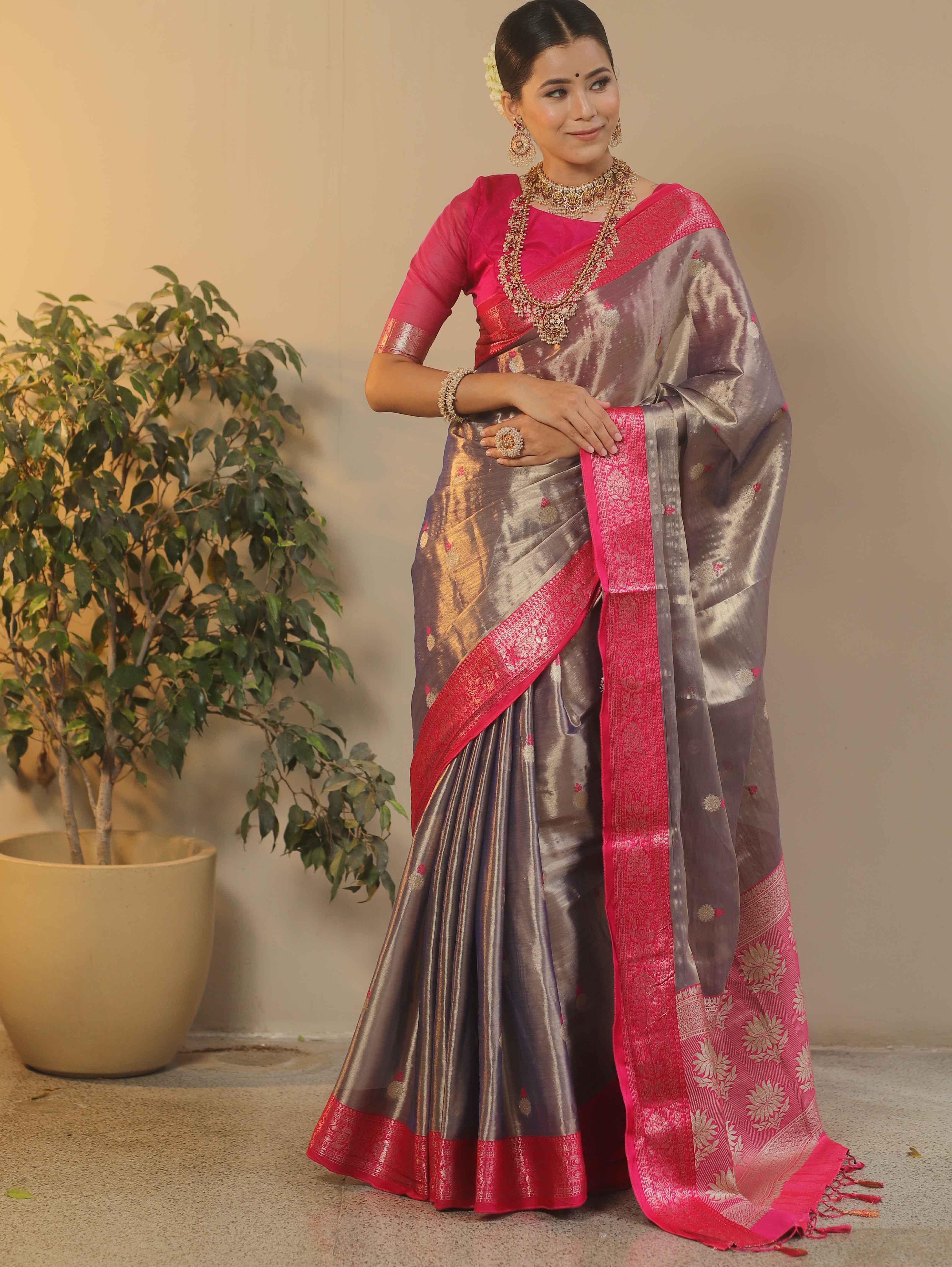 Banarasee Contrast Border Buta Design Tissue Saree-Blue & Pink