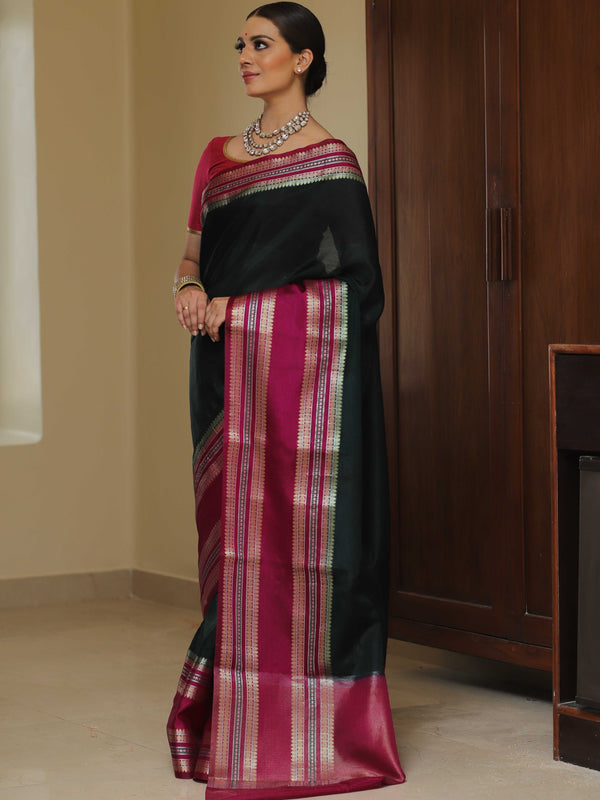 Banarasee Handwoven Semi Silk Plain Saree With Broad Zari & Contrast Border-Deep Green & Pink