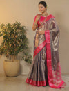 Banarasee Contrast Border Buta Design Tissue Saree-Blue & Pink