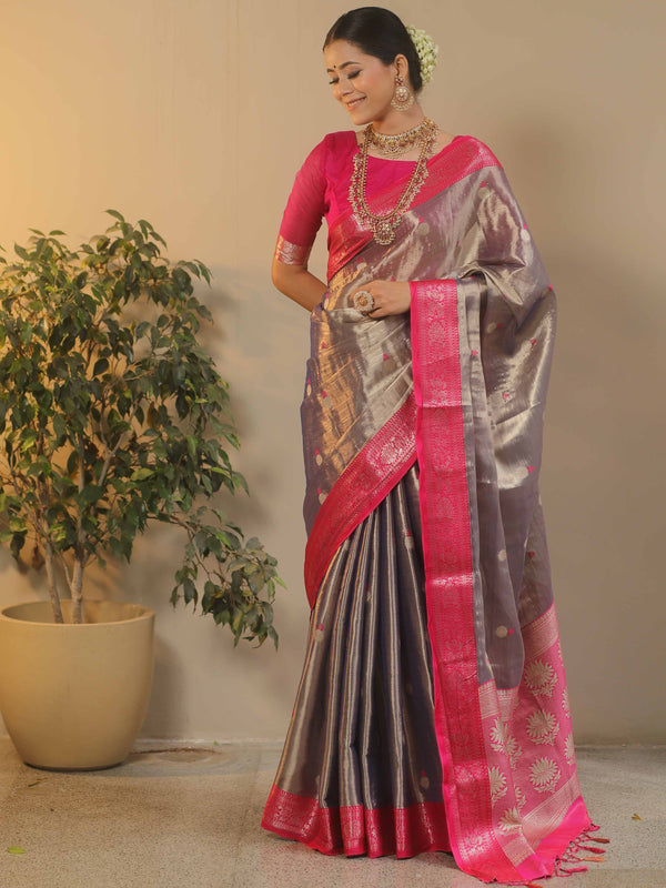 Banarasee Contrast Border Buta Design Tissue Saree-Blue & Pink